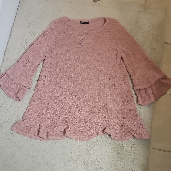 Nally & Millie Dusty Pink Textured Tunic Top Ruffled Hem & Layered Bell Sleeves - Picture 11 of 11